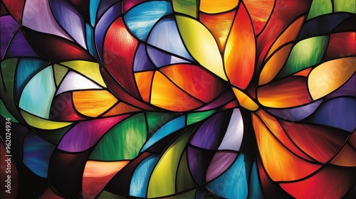 Vibrant Stained Glass Artwork with Abstract Floral Motifs and Contrasting Shapes