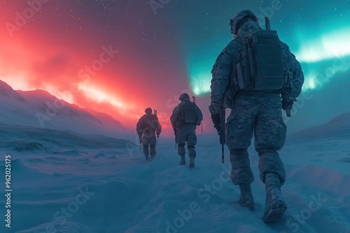 arctic warfare training simulation with soldiers traversing an icy landscape using hightech camouflage and futuristic weapons against a backdrop of aurora borealis