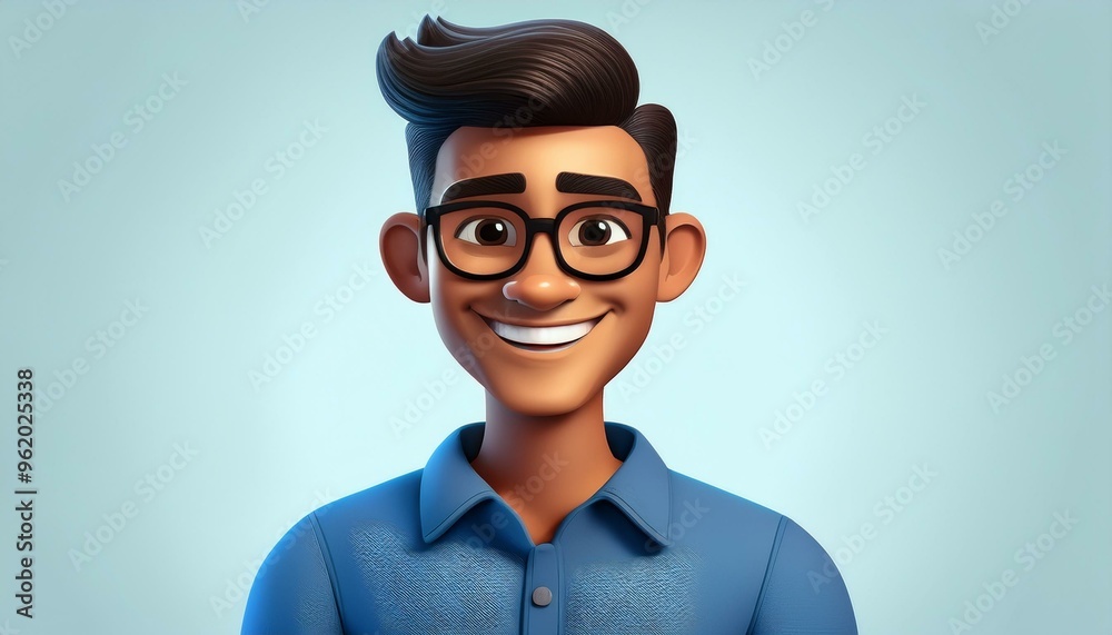 Smiling Cartoon 3D Character Man with Glasses in Blue Shirt Portrait Concept of Happiness and Positivity Smiling Cartoon 3D Character Man with Glasses in Blue Shirt Portrait Concept of Happiness and Positivity