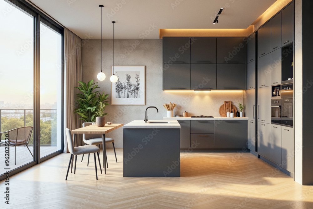 Fototapeta premium photo of a modern apartment kitchen with designer interior and furniture, luxury interior architecture design idea