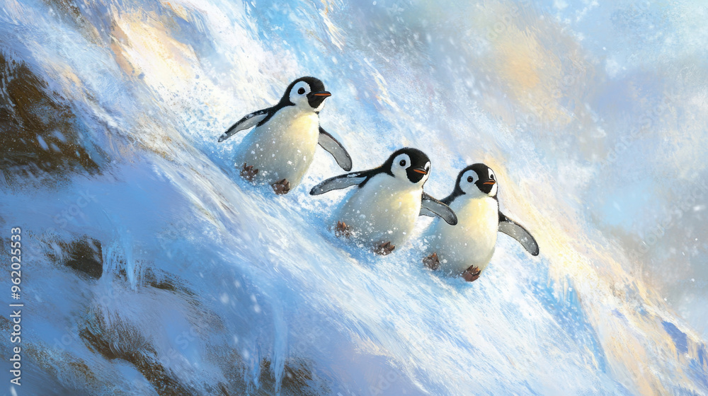 Fototapeta premium A penguin family sliding together down an icy hill, their feathers gleaming in the sunlight