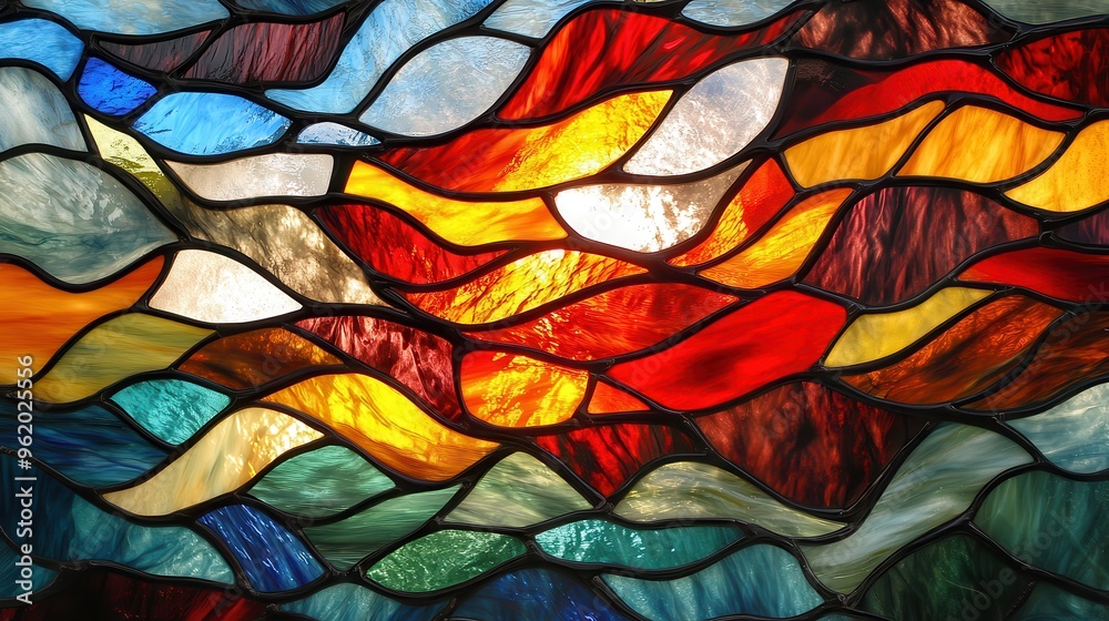 Elemental Harmony - Stained Glass Art with Abstract Organic Shapes Representing Water and Fire in Vibrant Colors Elemental Harmony - Stained Glass Art with Abstract Organic Shapes Representing Water and Fire in Vibrant Colors