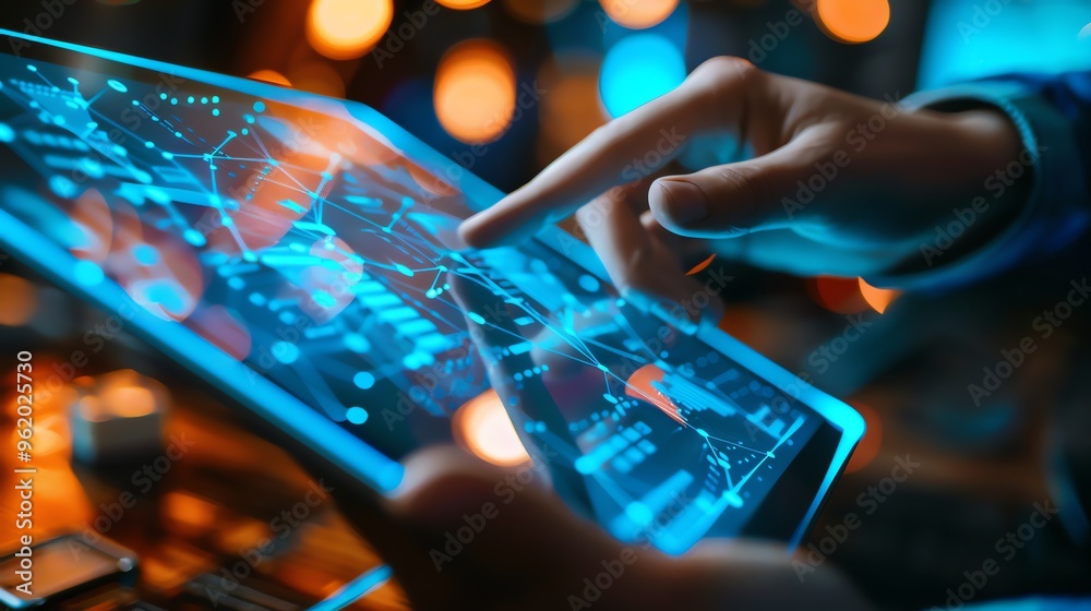 Fototapeta premium A person is using a tablet with a digital interface that is glowing blue.