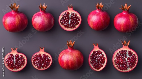 Vibrant Pomegranate Fruits Collection - Ultra-Realistic Closeup Shots with Clipping Path in 4K Resolution, Classic Agfa Vista Plus 200 Color Style photo