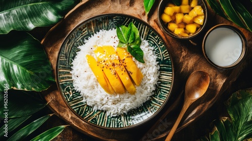 Mango sticky rice with coconut milk and sesame seeds on a green plate. photo