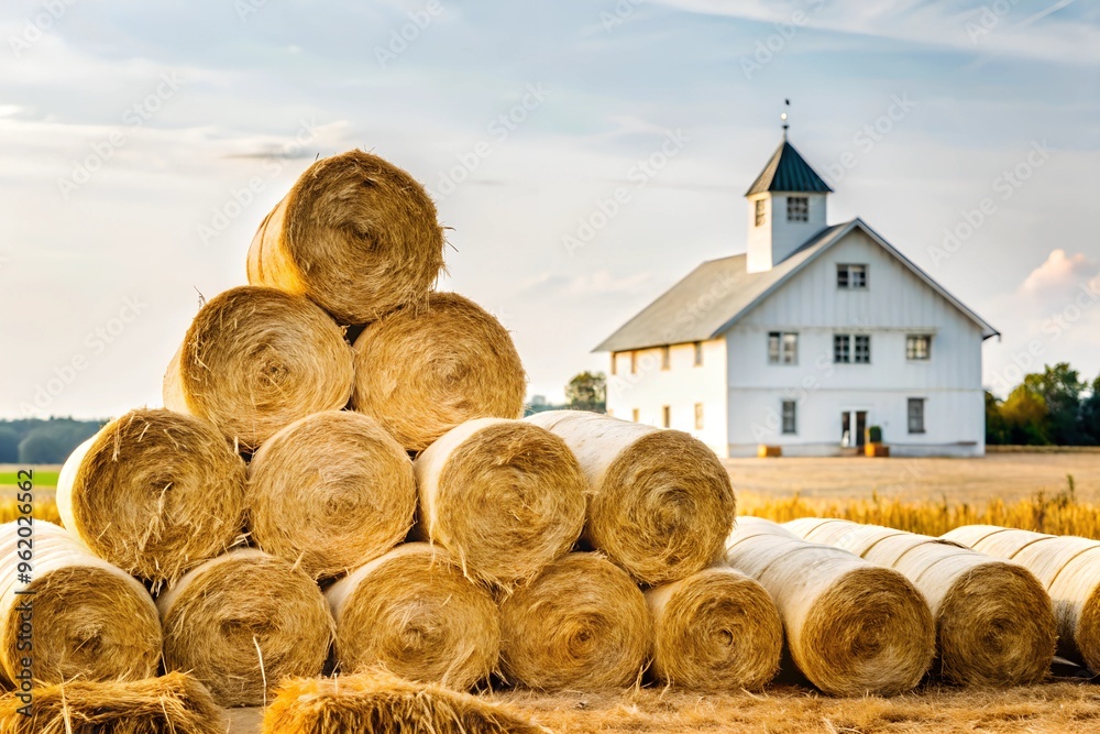 Open Hay Bale Stack with Farm Backdrop Open Hay Bale Stack with Farm Backdrop