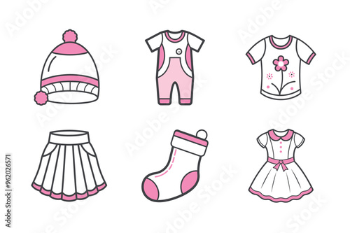 Baby dress line art vector set illustration on white background