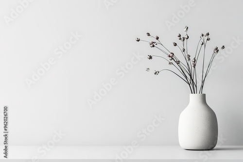 Minimalist white vase with dried flowers on table.