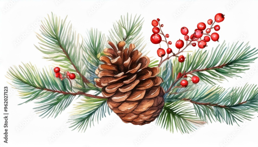 Watercolor Coniferous Twig with Pine Cone and Red Berries - Holiday Winter Decoration - Seasonal Botanical Art on White Background Watercolor Coniferous Twig with Pine Cone and Red Berries - Holiday Winter Decoration - Seasonal Botanical Art on White Background