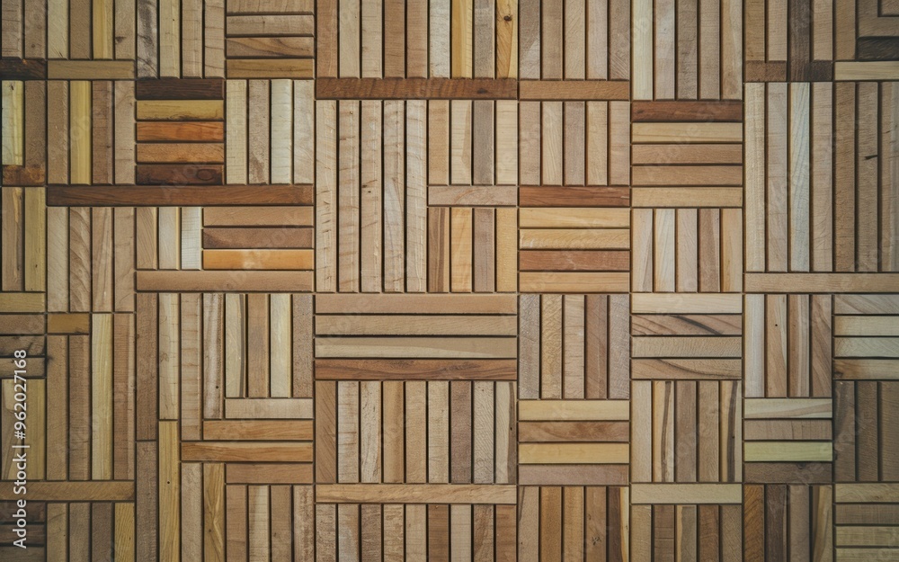 Wooden panel design. Abstract pattern of natural wood slats.  The wood is arranged in a geometric design, creating a textured surface.