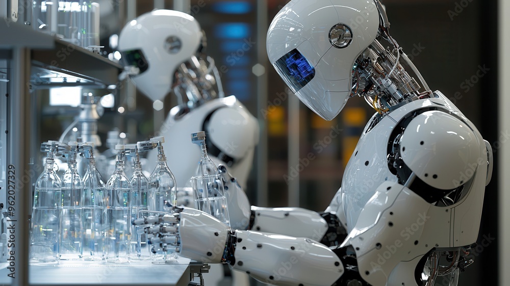 Fototapeta premium A futuristic robot working in a laboratory environment, assembling glass bottles with precision and efficiency.