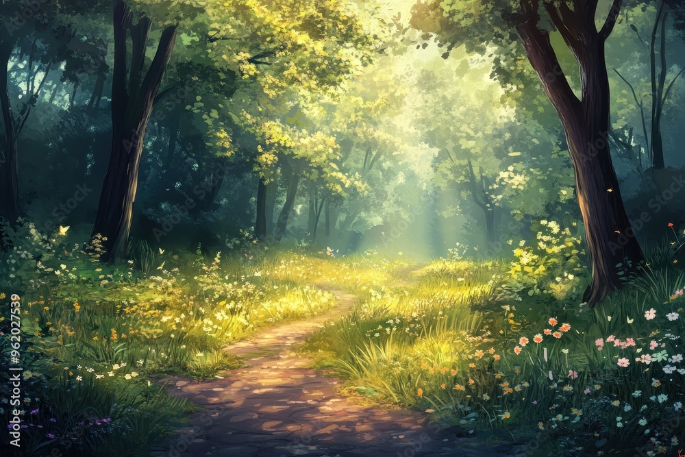 Sunlit Path Through a Lush Green Forest Sunlit Path Through a Lush Green Forest