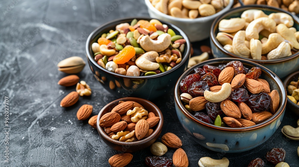 A variety of nuts and dried fruit in bowls on a dark surface.