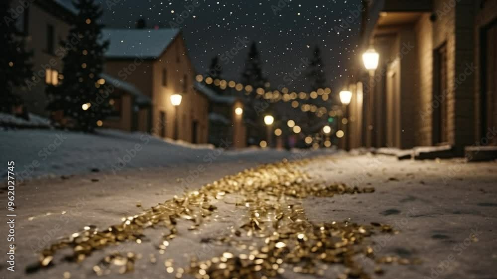 Golden bokeh with blurred city lights scattered on the ground. Perfect for backgrounds, holiday designs, festive concepts, and advertising projects