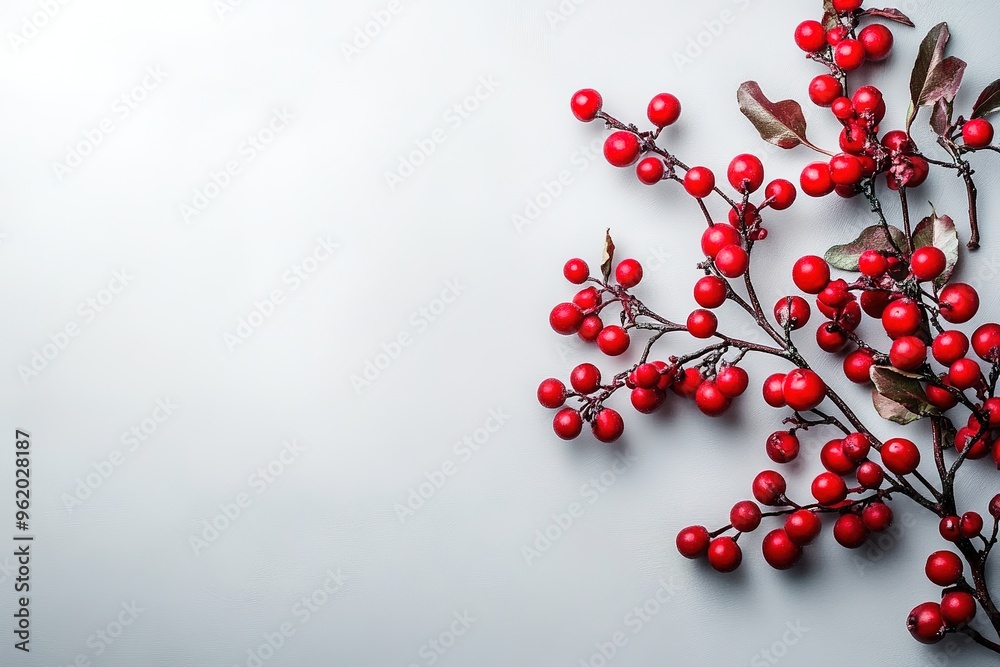 Red berries with green leaves on gray background, top view Red berries with green leaves on gray background, top view