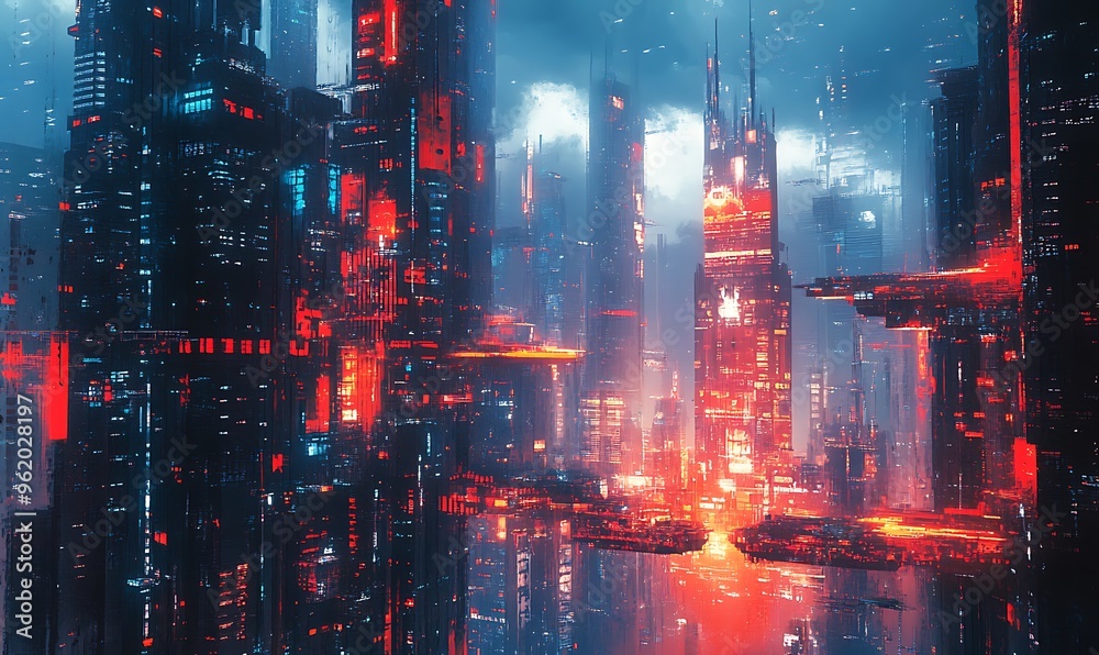 Fototapeta premium Futuristic Cityscape with Glowing Towers and Flying Platforms