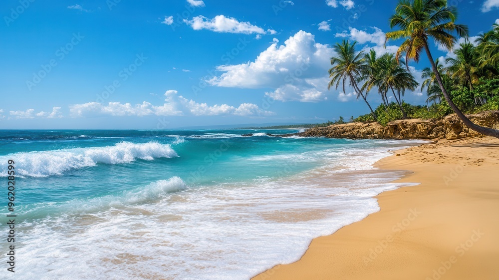 A serene beach scene featuring tranquil waves, golden sand, and lush palms under a clear blue sky, perfect for relaxation. A serene beach scene featuring tranquil waves, golden sand, and lush palms under a clear blue sky, perfect for relaxation.