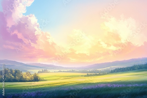 Pastel Sky Over Rolling Hills and Green Fields