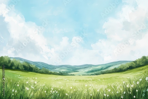 A Pastoral Landscape with Rolling Hills and Wildflowers