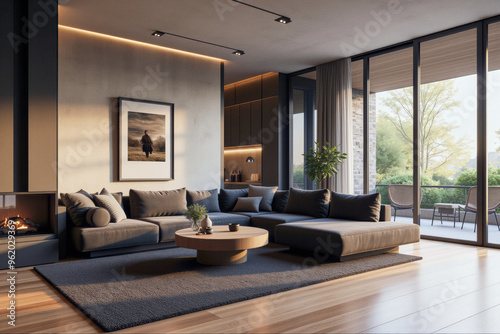 photo of a modern living room with designer interior and furniture, luxury interior architecture design idea