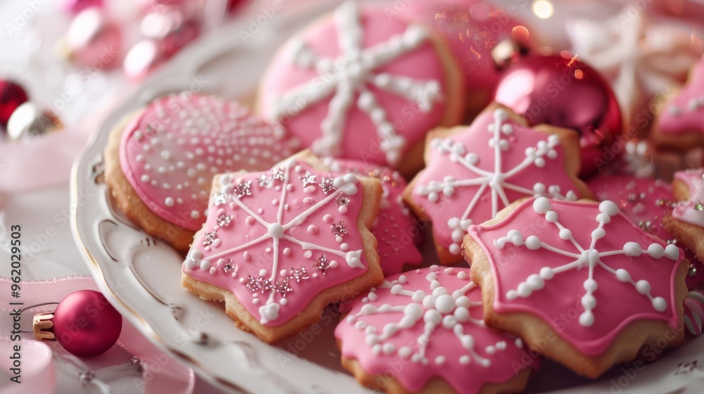 A plate of hot pink Christmas cookies decorated with festive icing A plate of hot pink Christmas cookies decorated with festive icing