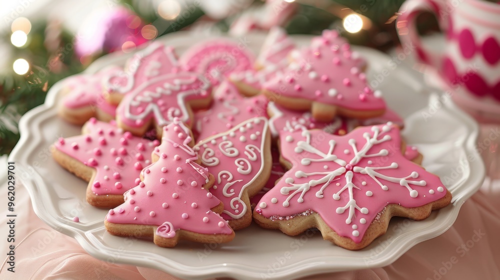 A plate of hot pink Christmas cookies decorated with festive icing A plate of hot pink Christmas cookies decorated with festive icing