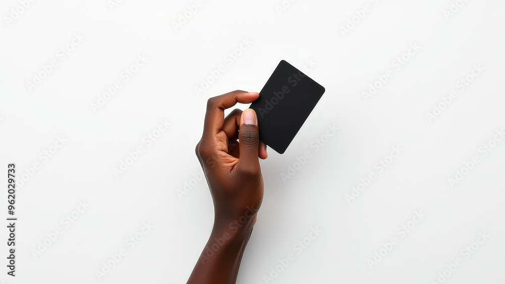 A person holds a blank black card in their hand against a white background in a minimalist setting, symbolizing mystery and potential A person holds a blank black card in their hand against a white background in a minimalist setting, symbolizing mystery and potential