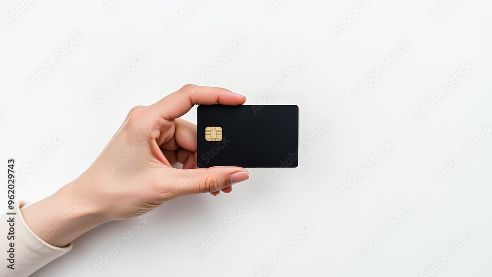 A hand holding a sleek black credit card against a minimalistic white background, showcasing modern financial technology A hand holding a sleek black credit card against a minimalistic white background, showcasing modern financial technology