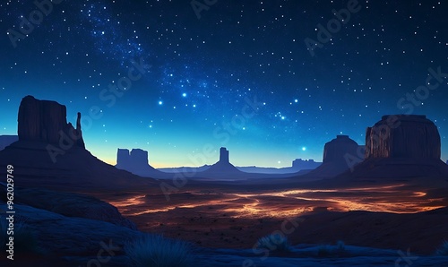 A starry night sky over a desert valley with a meandering river and silhouetted rock formations