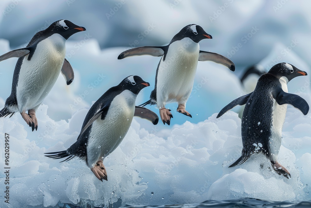 Obraz premium Adelie penguins jumping off an ice floe in the far North Pole, captured in high-definition photography.