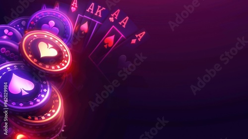 Playing cards and casino chips on purple background for casino Advertising AI generated image