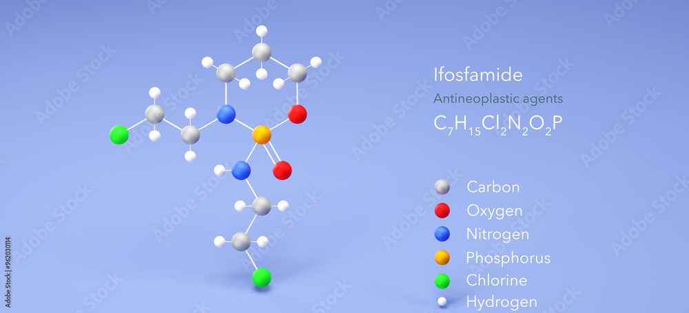 ifosfamide molecule, molecular structure, antineoplastic agents, 3d model, Structural Chemical Formula and Atoms with Color Coding ifosfamide molecule, molecular structure, antineoplastic agents, 3d model, Structural Chemical Formula and Atoms with Color Coding