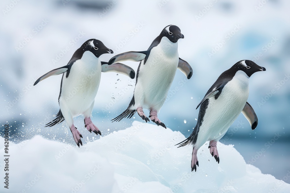 Obraz premium Adelie penguins jumping off an ice floe in the far North Pole, captured in high-definition photography.