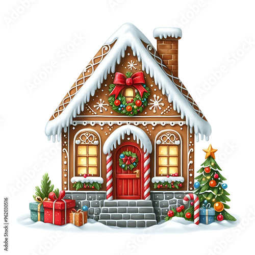 Gingerbread house decorated with wreath, snow, and Christmas tree with gifts on a white background. Christmas holiday watercolor cut out design concept.