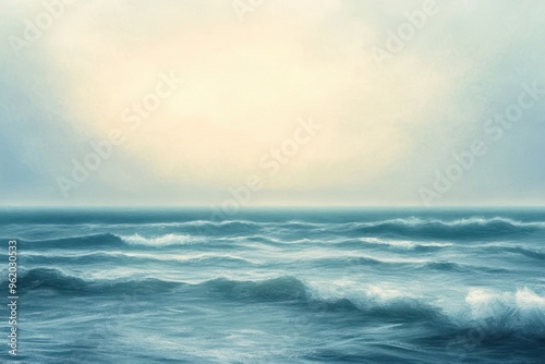 A seascape with waves and a bright sky