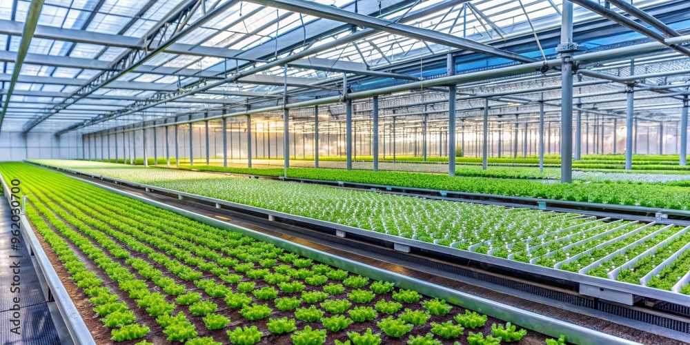 Obraz premium Rows of Green Lettuce Growing Under a Glass Greenhouse Roof, Greenhouse, Horticulture, Farming