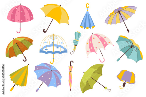 Open, closed and folded multicolored umbrellas set. Rainy seasonal parasols. Protecting accessories of different design, type. Autumn, spring season. Hand drawn vector illustration in flat style.