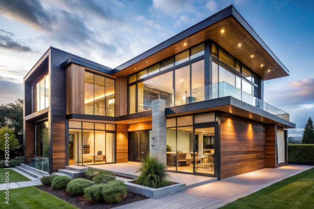 Sleek modern house with a combination of wood, steel, and glass materials, large windows, and an open-plan design, on a white backdrop, from a first-person angle. Sleek modern house with a combination of wood, steel, and glass materials, large windows, and an open-plan design, on a white backdrop, from a first-person angle.