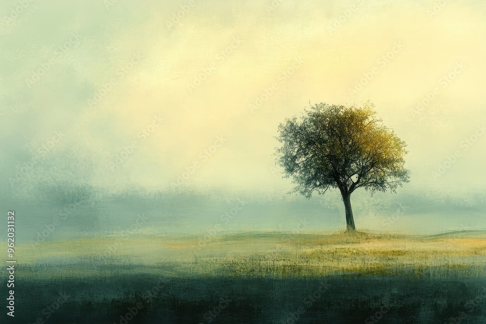 Obraz premium A Solitary Tree in a Misty Field