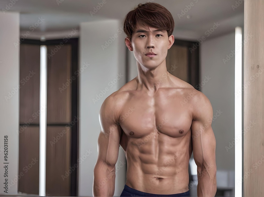 Obraz premium Lean Muscular Asia Man Looking at Camera Shirtless Portrait in a Hotel Room