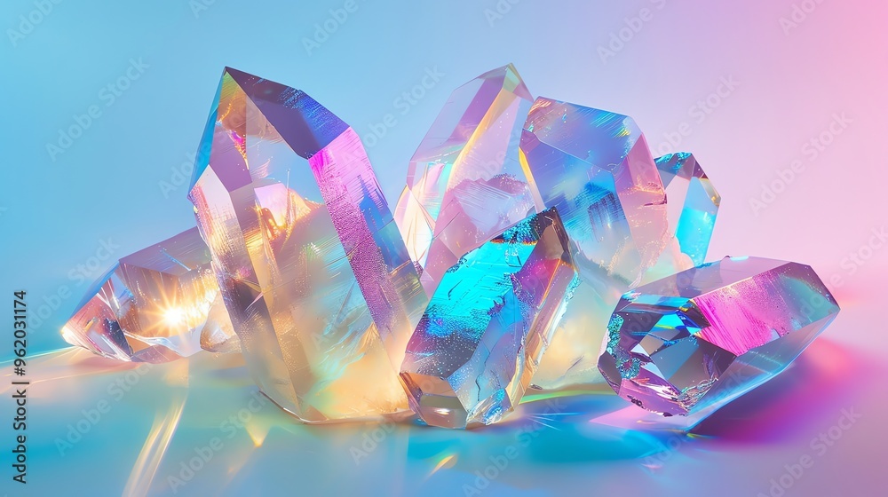 A group of iridescent crystals on a blue and purple background. A group of iridescent crystals on a blue and purple background.