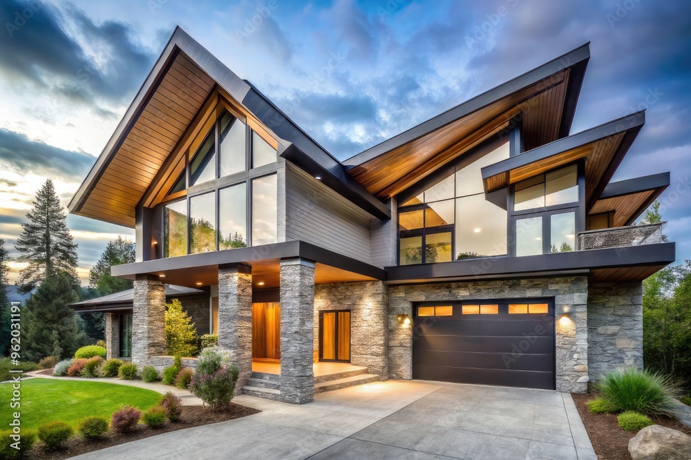 A luxury modern home with a sharp angular roof, seamless integration of natural elements like wood and stone, white background, first-person perspective A luxury modern home with a sharp angular roof, seamless integration of natural elements like wood and stone, white background, first-person perspective