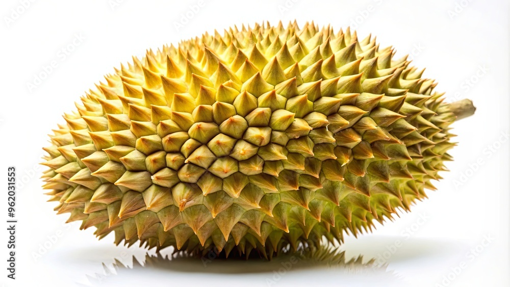 Durian fruit placed centrally on a white background, emphasizing its spiky husk and large size
