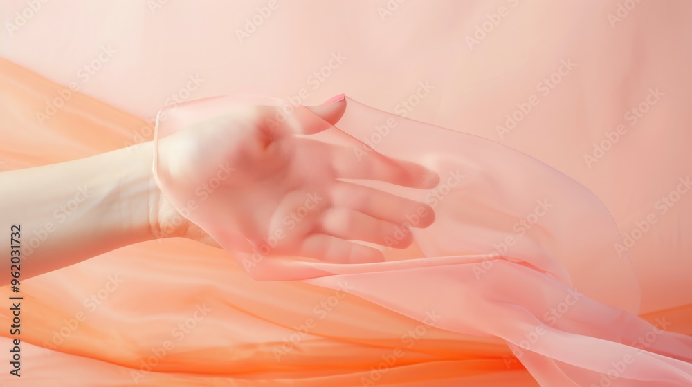 Naklejka premium A hand reaching out through pink fabric.