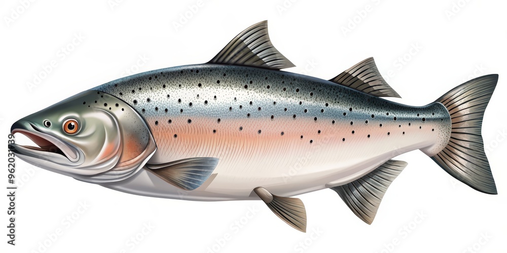 Side View of a Salmon with Detailed Fins and Scales, Digital Illustration, White Background, Fish, Salmon, Illustration Side View of a Salmon with Detailed Fins and Scales, Digital Illustration, White Background, Fish, Salmon, Illustration