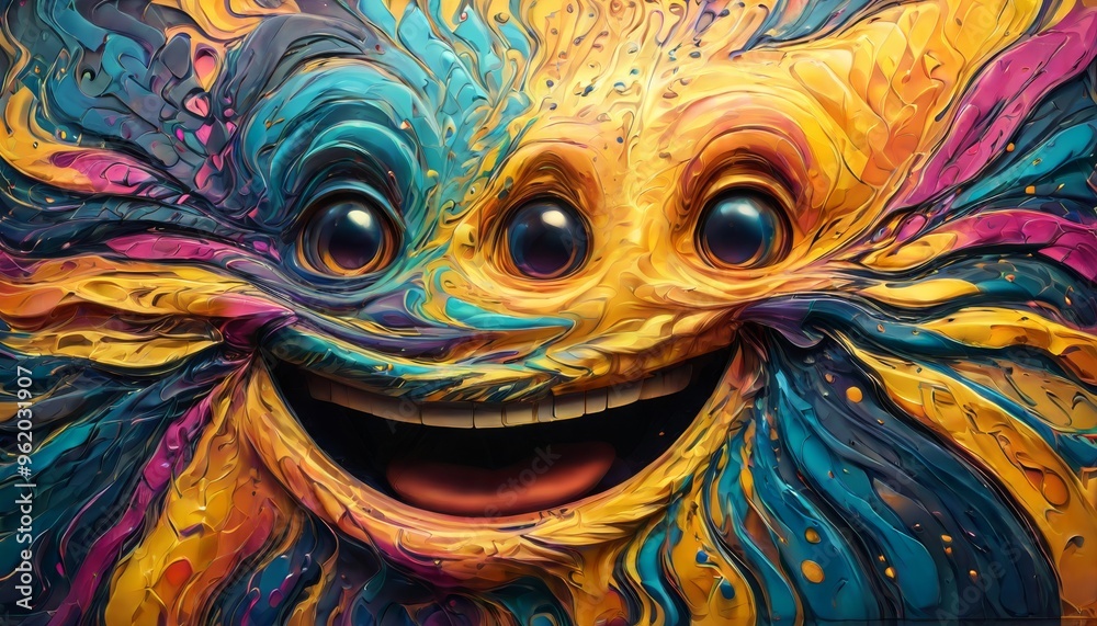 Fototapeta A colorful abstract monster with a bright, friendly smile and three eyes, surrounded by dynamic, swirling colors. This whimsical and imaginative artwork exudes joy and creativity, perfect for fantasy