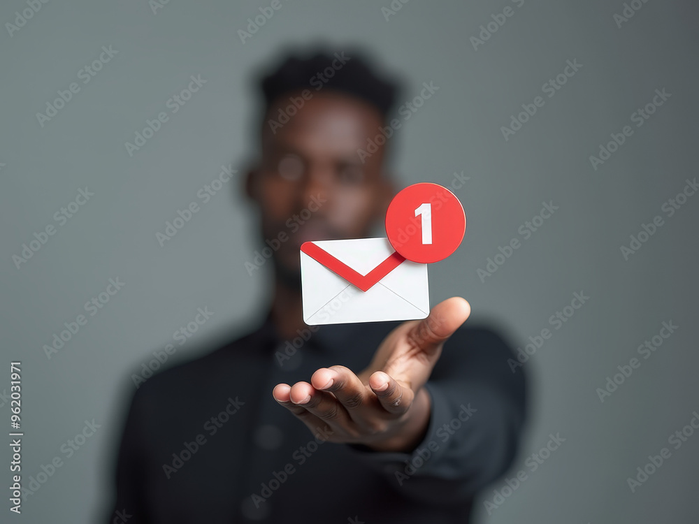 A man with an envelope symbol indicating a new email notification in a minimalist setting A man with an envelope symbol indicating a new email notification in a minimalist setting