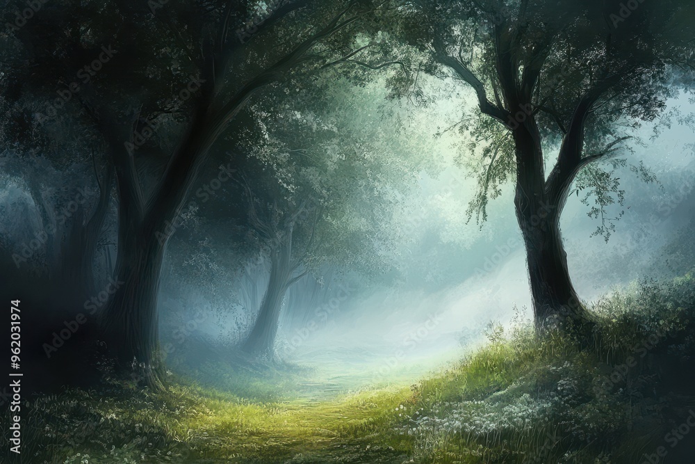 Obraz premium A Misty Forest Path Leading Through Tall Trees