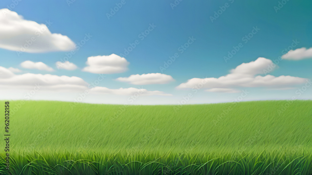 The foreground is a green grass field contrasting with a clear sky in the background. The foreground is a green grass field contrasting with a clear sky in the background.