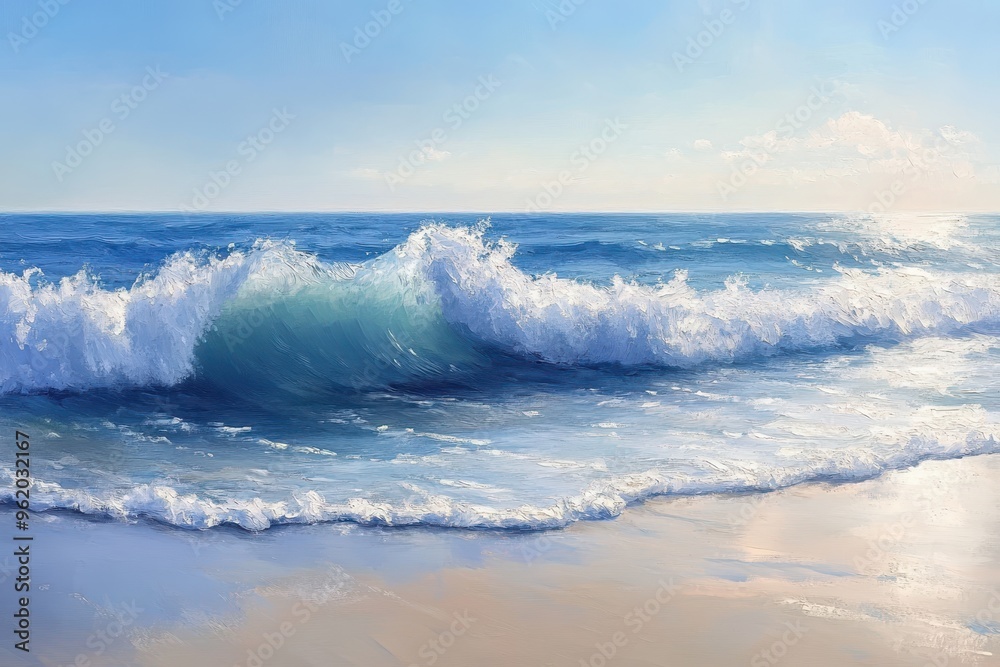 Obraz premium Breaking Wave on a Sunny Beach with Clear Skies